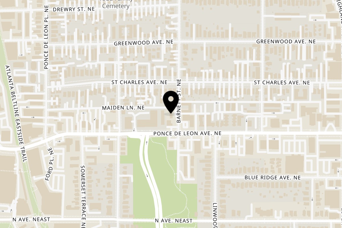 Map showing the location of Plant Based Pizzeria on 730 Barnett St NE a in Atlanta
